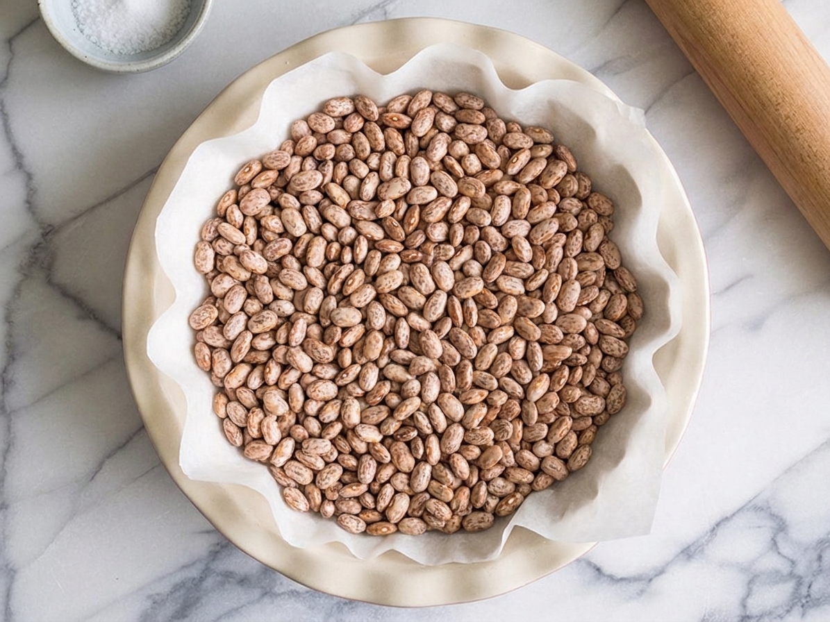 A pie dish lined with parchment paper filled with dried beans for blind baking on a kitchen counter