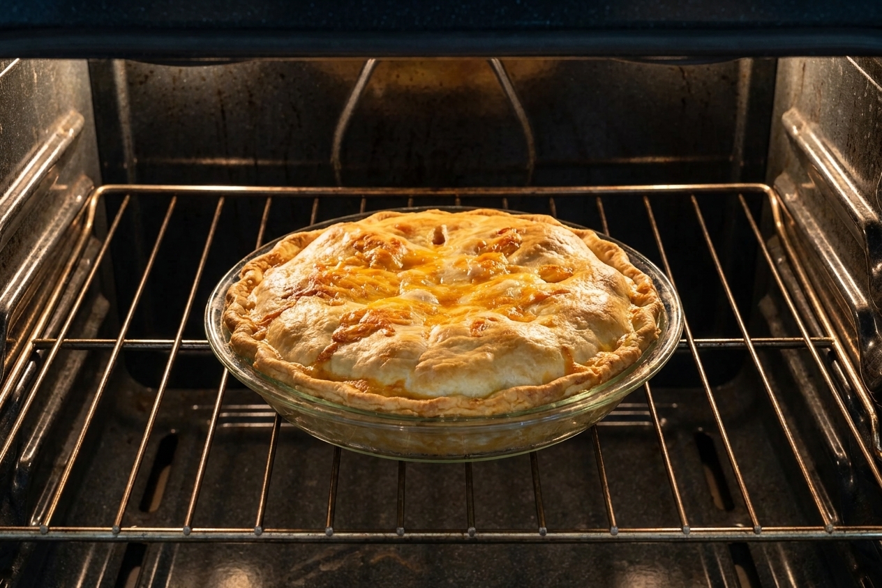 A pie dish of cheeseburger pie baking on an oven rack with the top turning golden and puffed