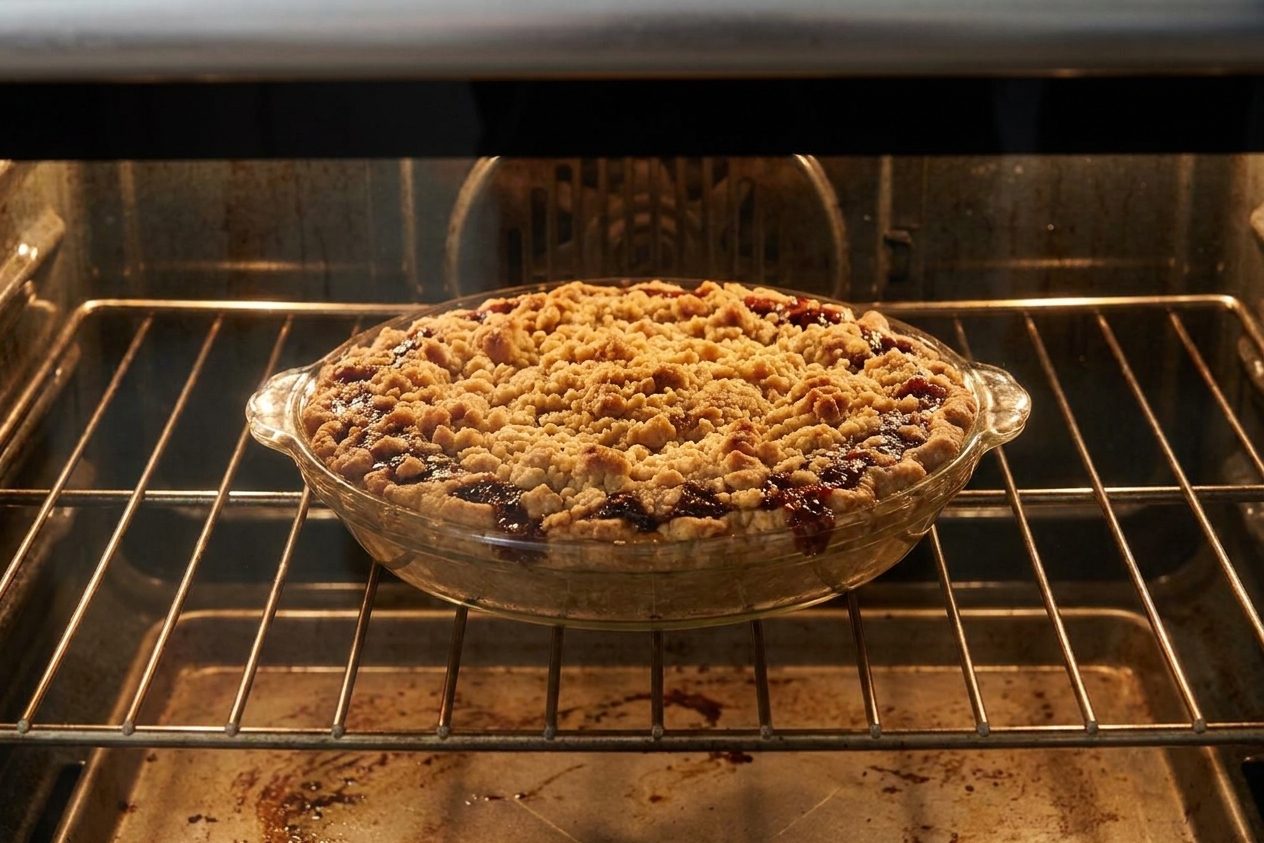 A pie in a glass pie dish baking on the center rack of an oven, crumb topping turning golden