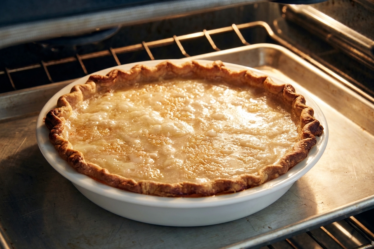A pie on a baking sheet in an oven, the crust edges turning golden while the filling gently bubbles near the center