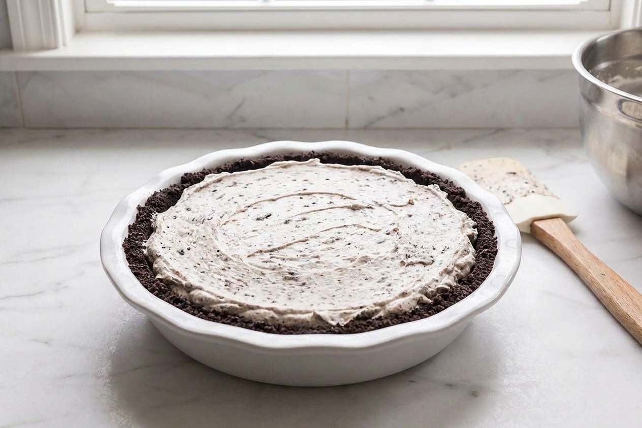 A pie plate filled with cookies-and-cream filling, the top smoothed with a spatula, sitting on a kitchen counter
