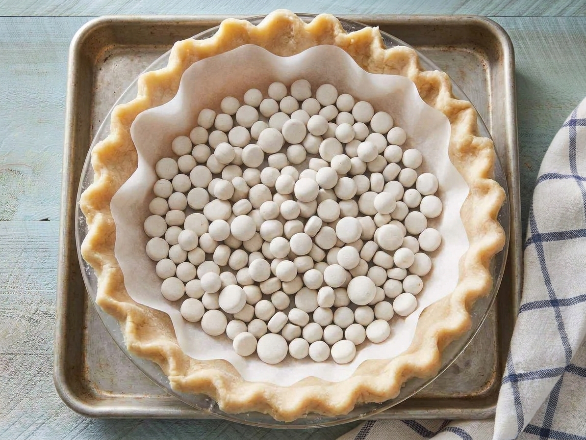 A pie shell lined with parchment paper and filled with pie weights, ready to blind bake on a sheet pan