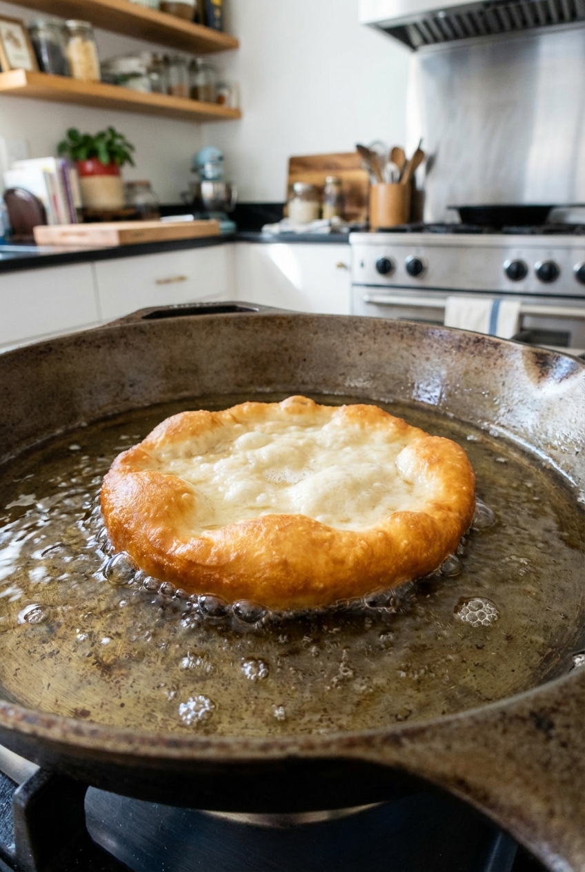 A piece of fry bread frying in a cast iron skillet with bubbling oil, turning golden brown at the edges