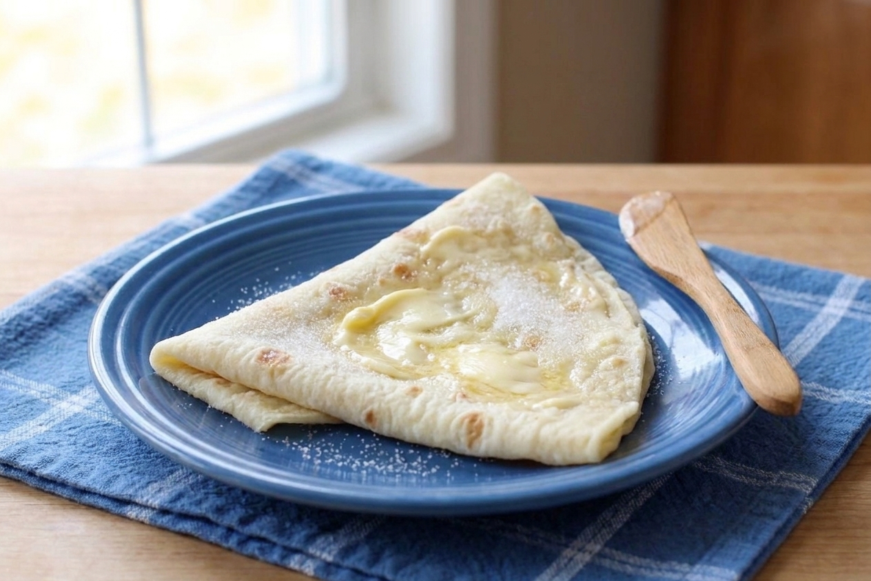 A piece of lefse spread with butter and sprinkled with sugar, folded into a triangle on a plate