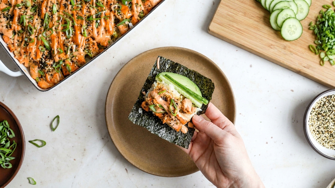 A piece of nori topped with a scoop of salmon sushi bake and sliced cucumber, ready to eat over a plate