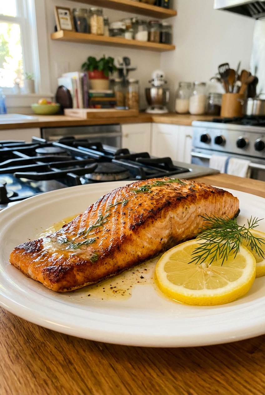 A piece of pan-seared salmon with crisp edges and lemon slices