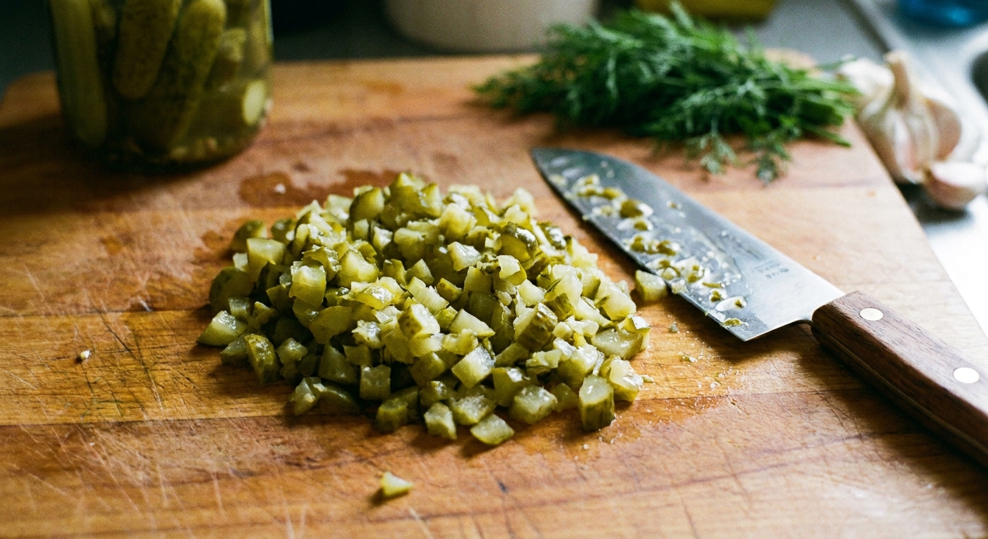 A pile of finely chopped dill pickles on a wooden cutting board with a chef's knife beside them, close up kitchen photo