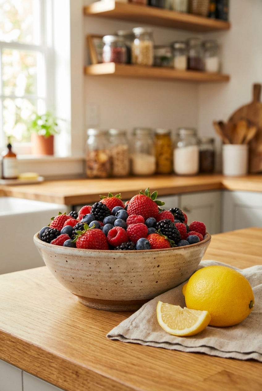 A pile of fresh berries in a bowl with a lemon nearby