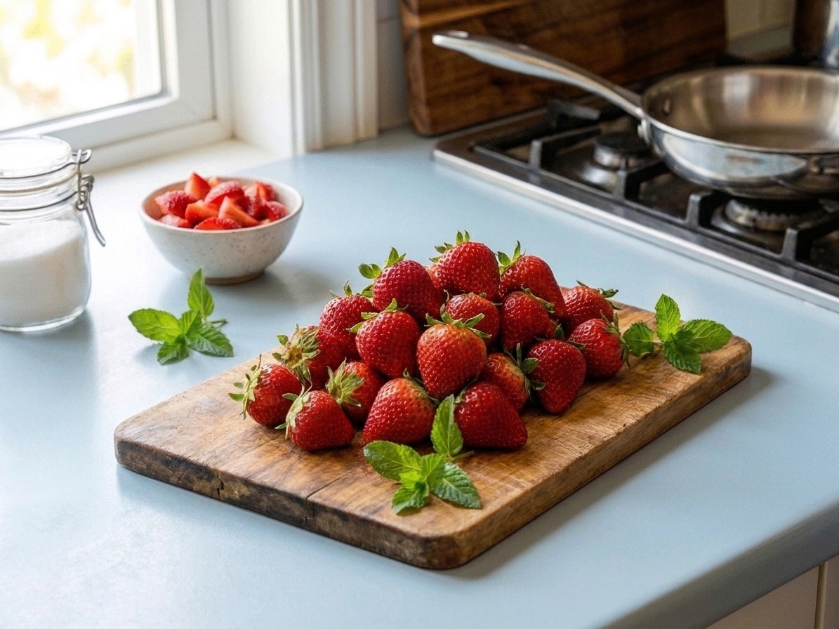 A pile of fresh strawberries with green tops on a wooden cutting board on a bright kitchen counter