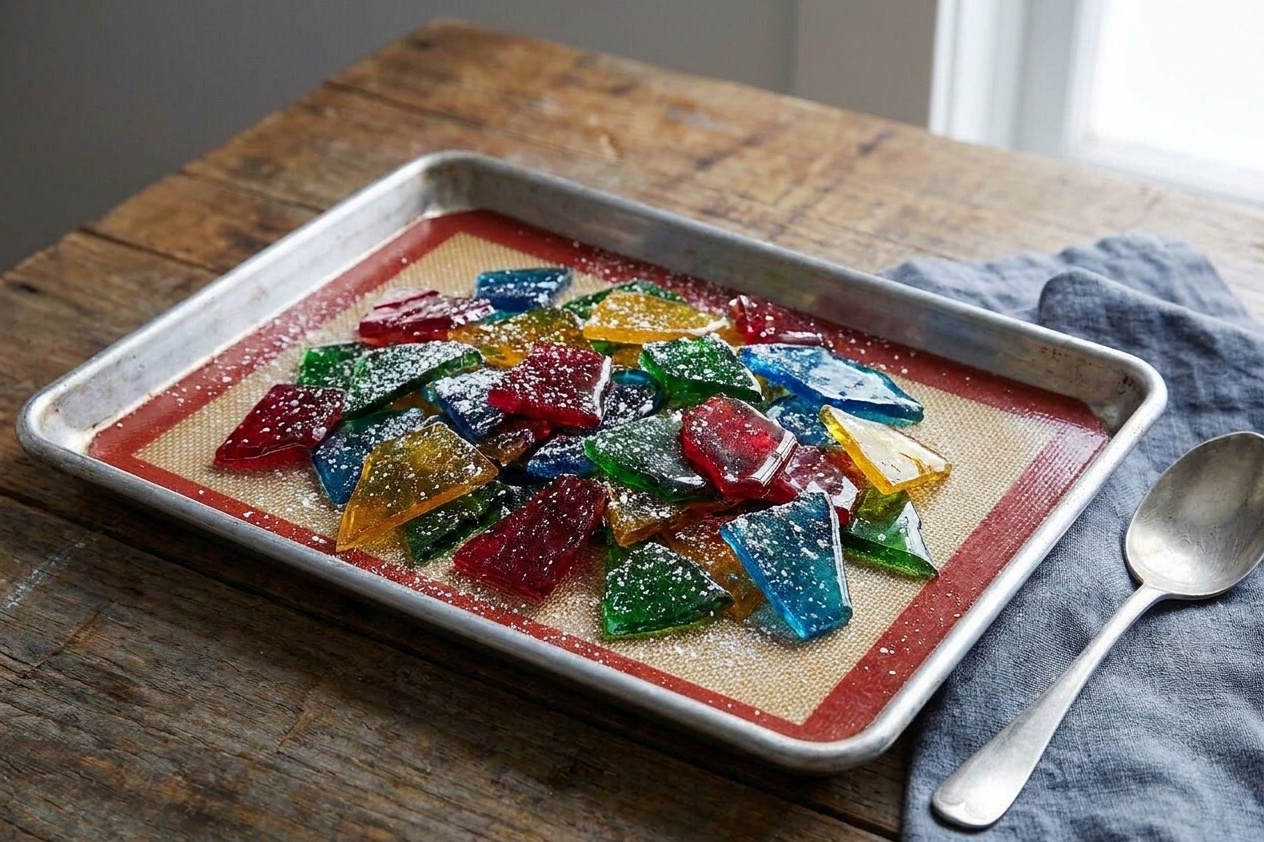 A pile of glossy, jewel-toned hard candy pieces dusted lightly with powdered sugar on a parchment-lined baking sheet on a warm kitchen counter