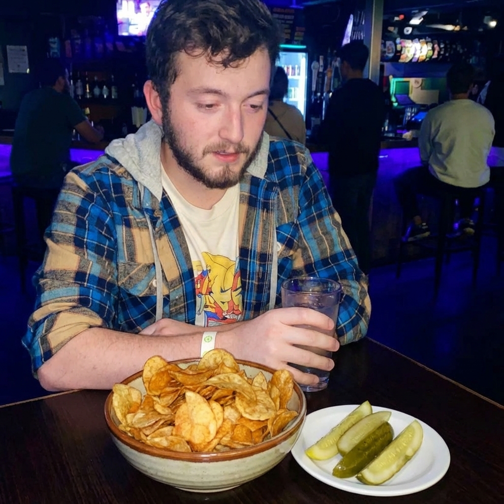 A pile of kettle chips in a bowl with pickles on the side