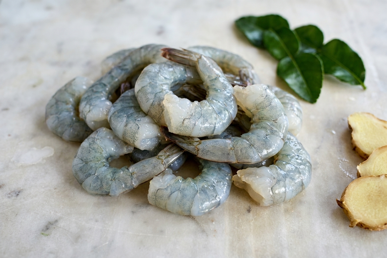 A pile of peeled and deveined raw shrimp ready to be cooked