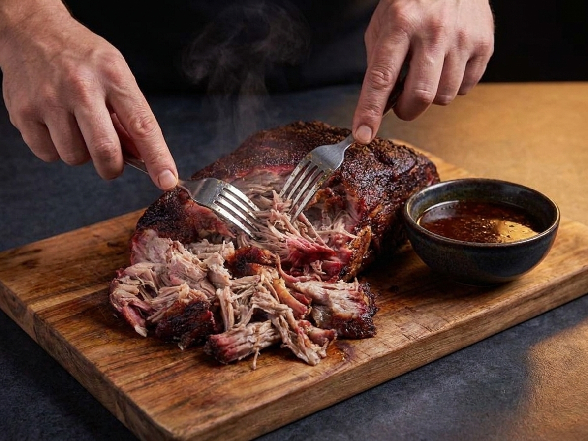 A pile of smoked pulled pork being shredded with two forks on a cutting board with a small bowl of cooking juices nearby