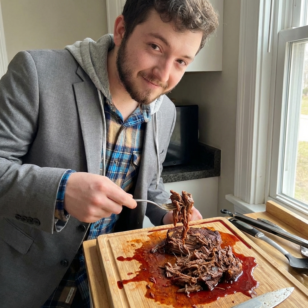 A pile of tender shredded birria beef on a cutting board with a fork, deep red juices on the board, real food photo