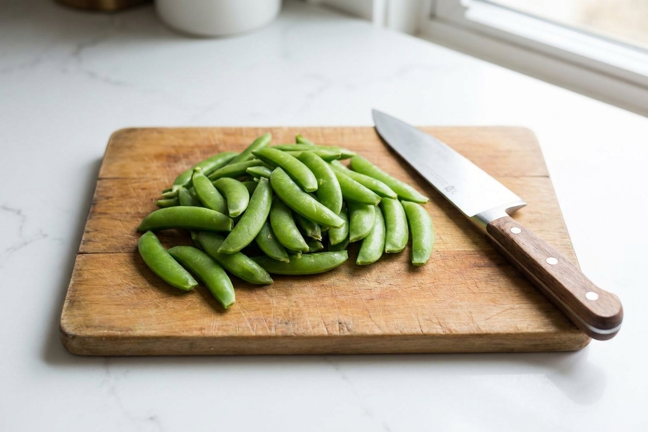 A pile of trimmed snap peas on a wooden cutting board with the stem ends removed, next to a chef's knife