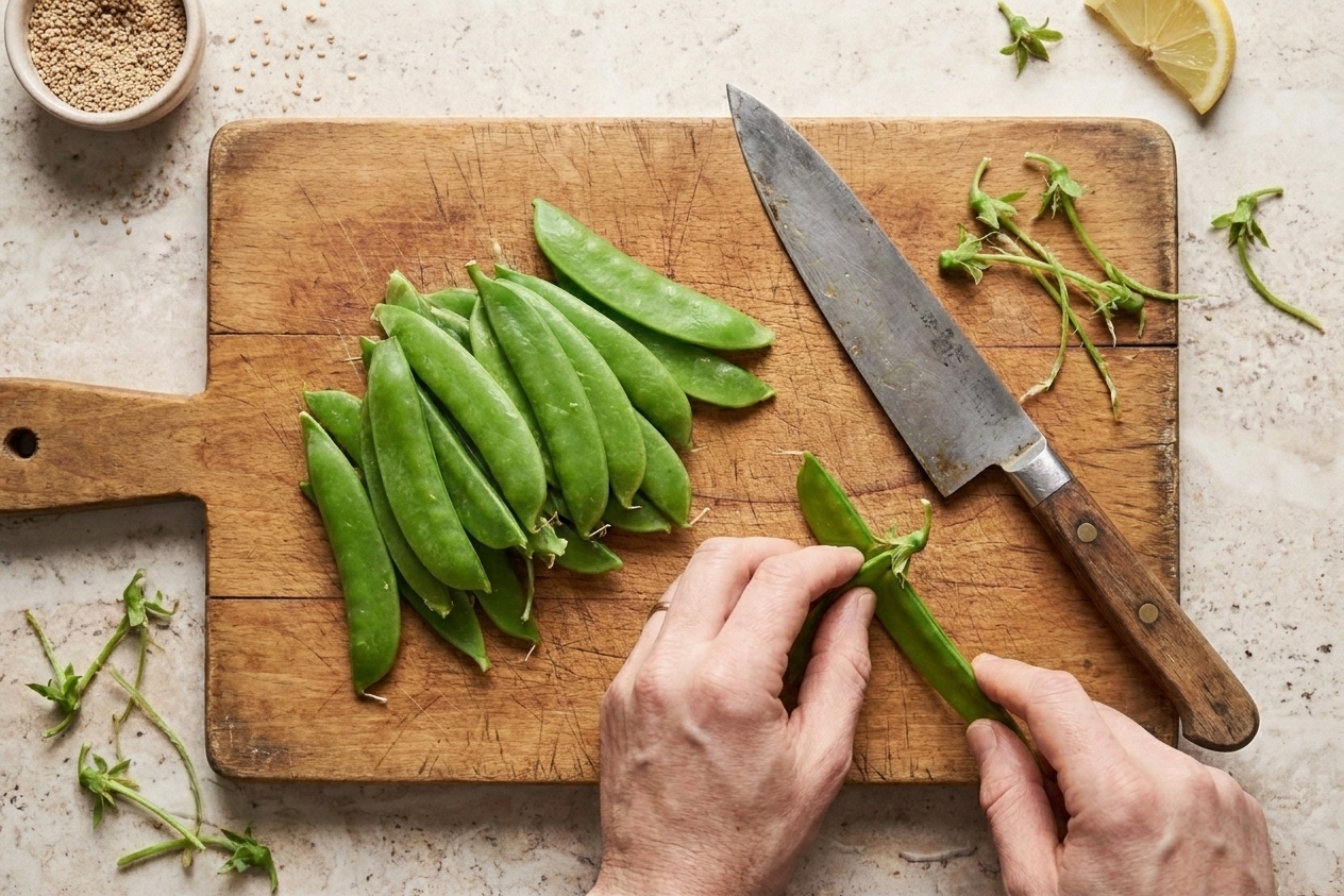 A pile of trimmed snow peas on a wooden cutting board with a chef's knife, stem ends removed and a few strings pulled, kitchen prep scene