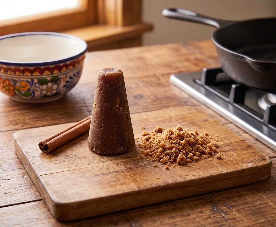 A piloncillo cone next to a cinnamon stick on a cutting board with a small pile of grated piloncillo in warm kitchen light