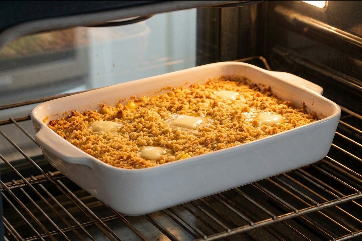 A pineapple casserole baking on the middle oven rack with the cracker topping turning golden