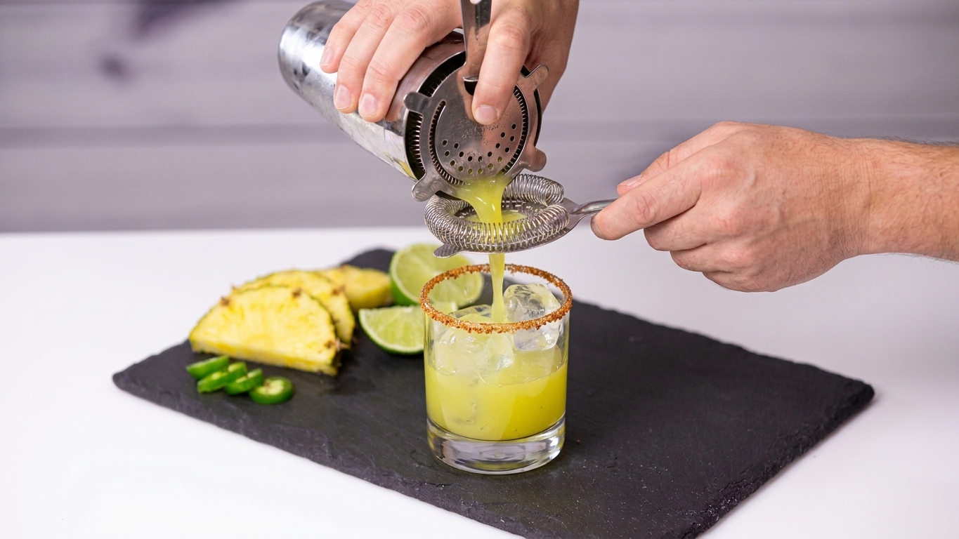 A pineapple margarita being strained from a cocktail shaker into a tajín-rimmed rocks glass filled with ice on a kitchen counter