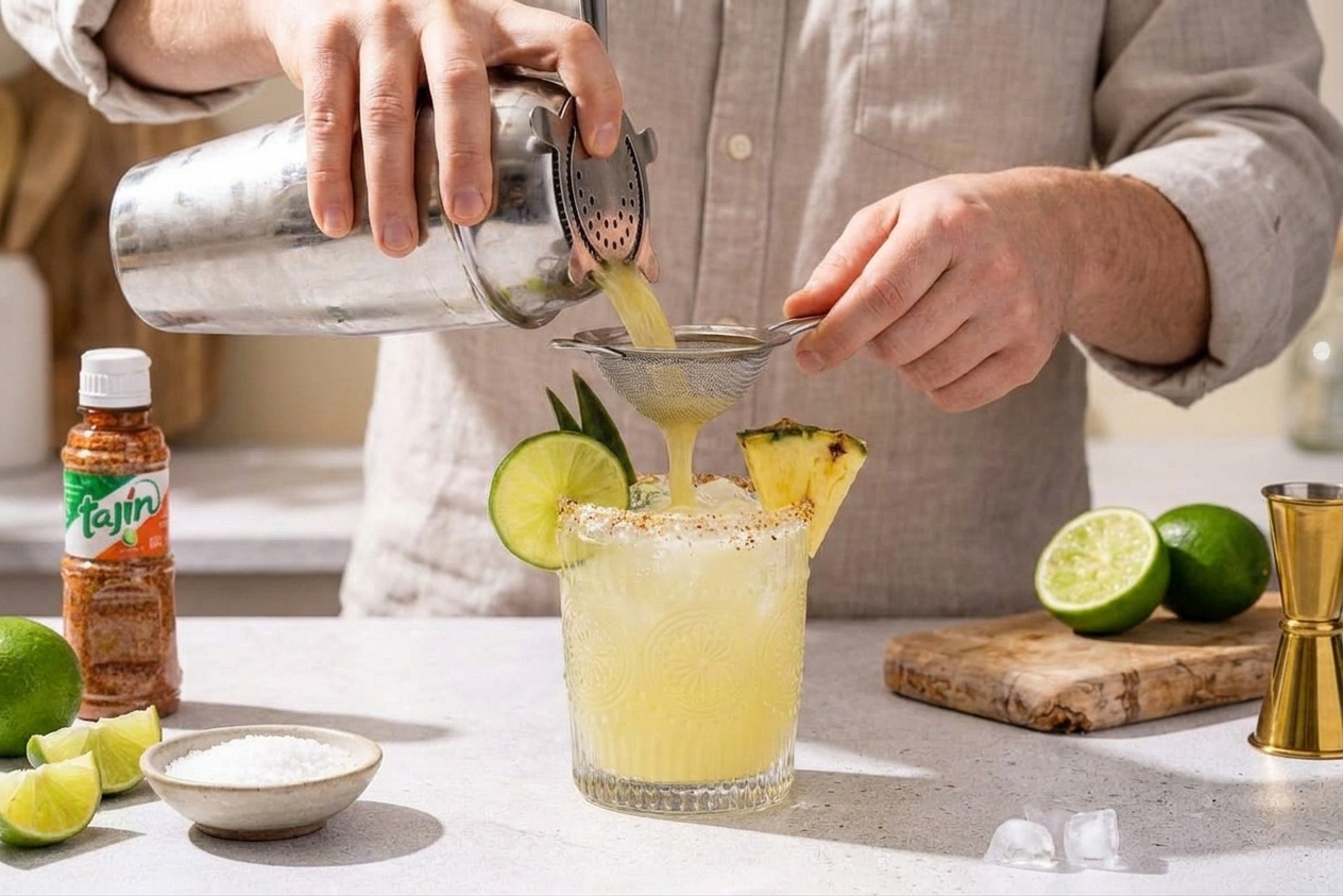 A pineapple margarita being strained from a cocktail shaker into a Tajín-rimmed rocks glass filled with ice on a bright kitchen counter