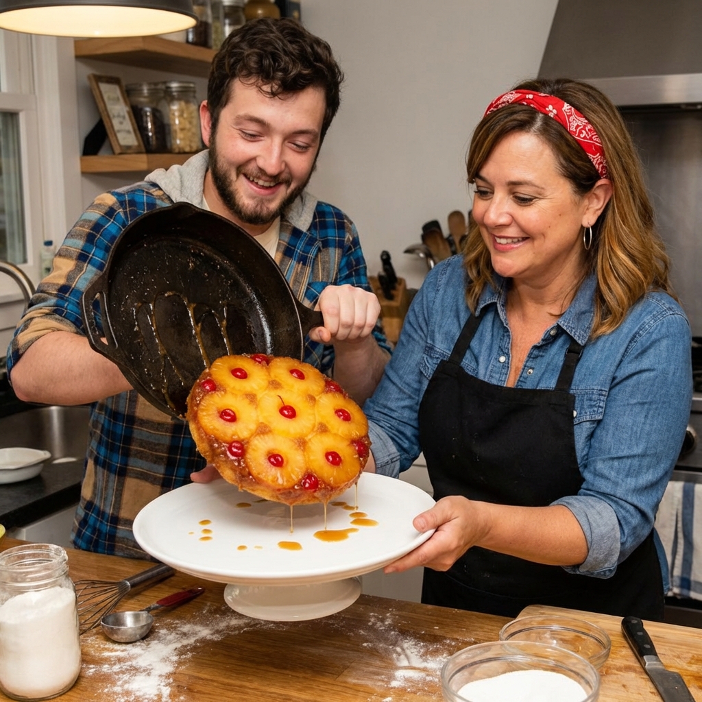 A pineapple upside down cake being flipped from a cast iron skillet onto a serving plate