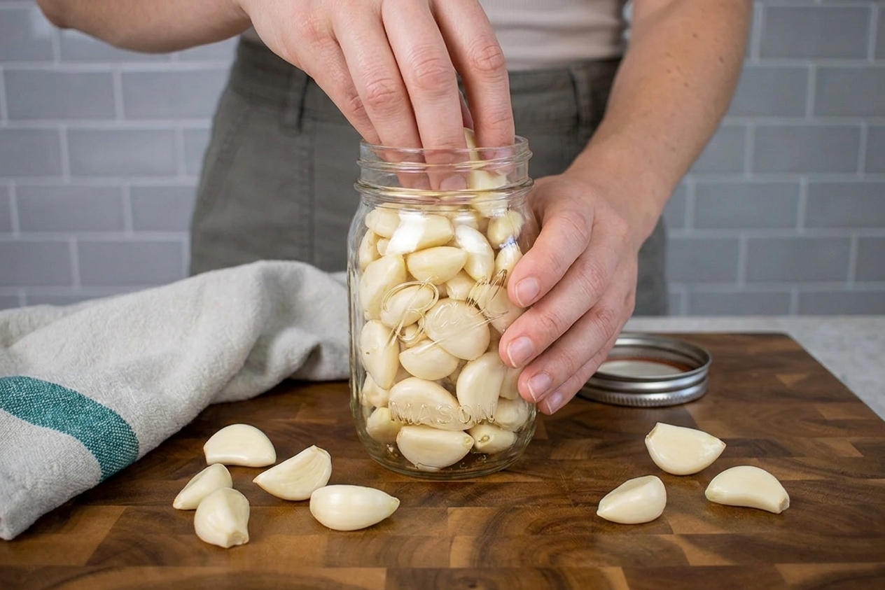 A pint jar being filled with peeled garlic cloves on a kitchen counter