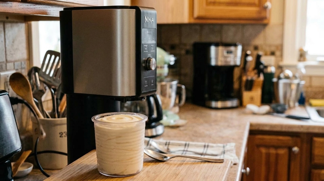 A pint of creamy vanilla protein ice cream with a smooth swirled top sitting on a kitchen counter next to a Ninja Creami pint container and a spoon
