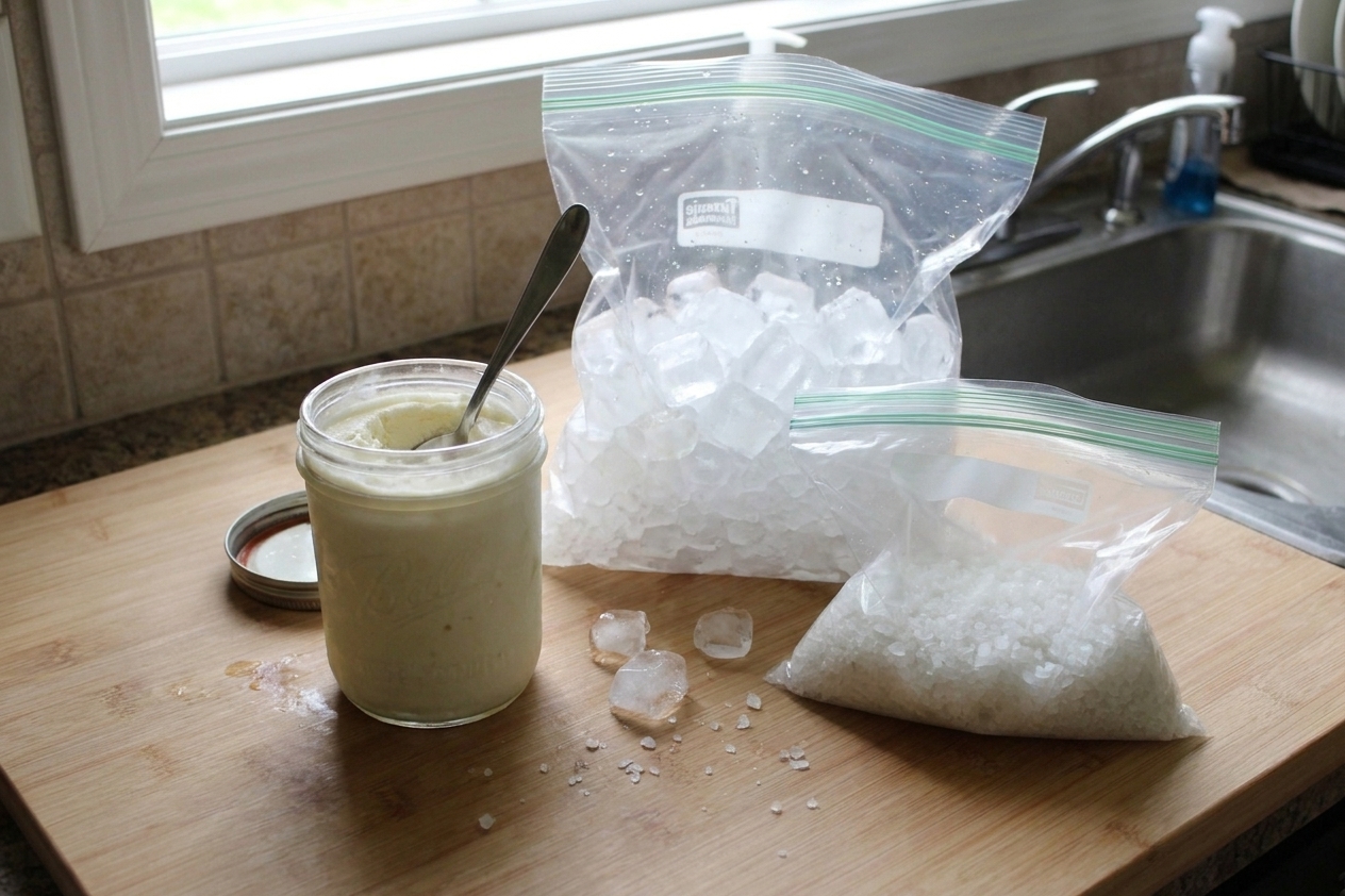 A pint of homemade vanilla ice cream beside two resealable plastic bags filled with ice and salt on a bright kitchen counter