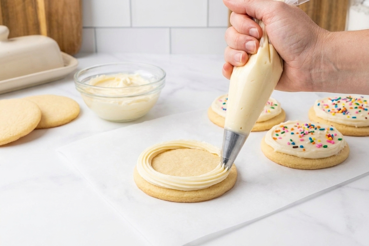 A piping bag adding a neat frosting border to a sugar cookie on parchment paper with a few finished cookies nearby
