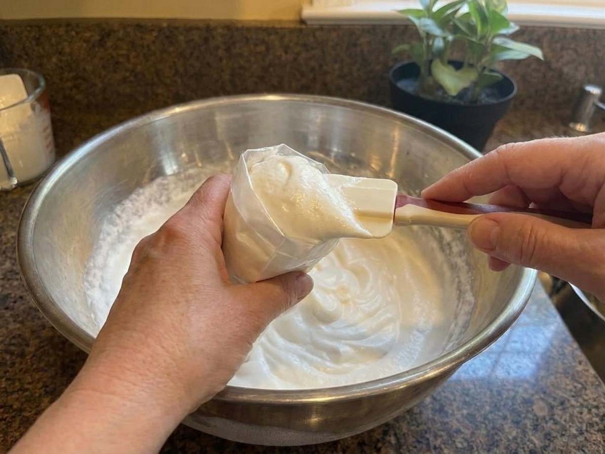 A piping bag being filled with freshly whipped cream on a clean kitchen counter