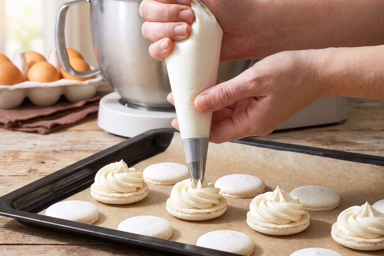 A piping bag dispensing vanilla buttercream onto the flat side of a macaron shell on a baking sheet