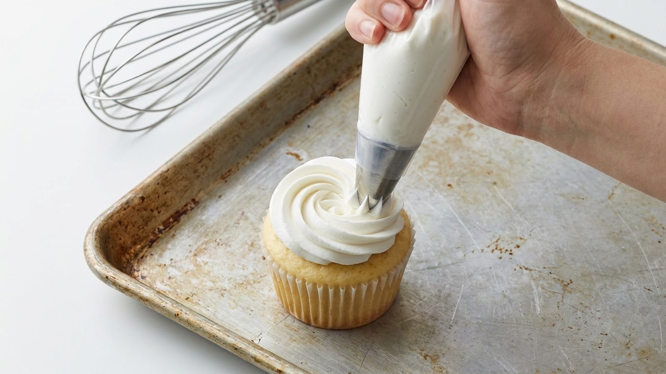 A piping bag filled with stabilized whipped cream piping a neat swirl onto a cupcake on a baking sheet