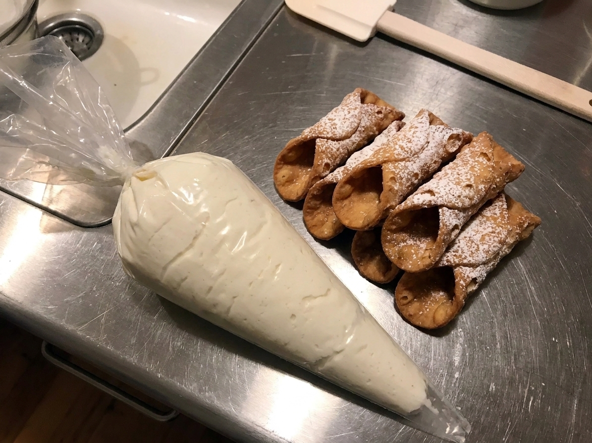 A piping bag filled with thick cannoli filling on a kitchen counter next to empty cannoli shells