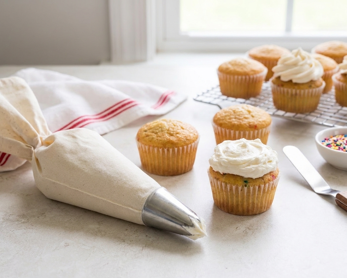 A piping bag fitted with a large star tip filled with whipped icing on a clean countertop next to cupcakes
