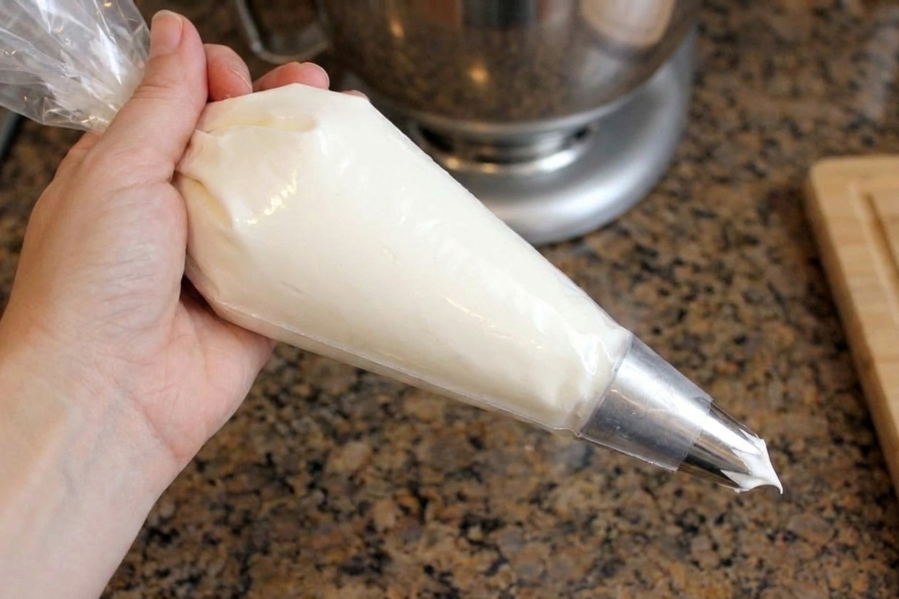 A piping bag fitted with a star tip being filled with Italian buttercream on a kitchen counter