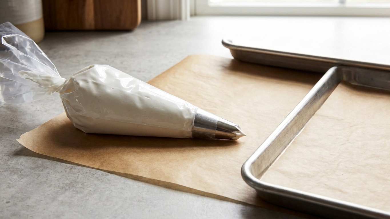 A piping bag fitted with a star tip filled with glossy white meringue resting on parchment paper next to a baking sheet on a kitchen counter