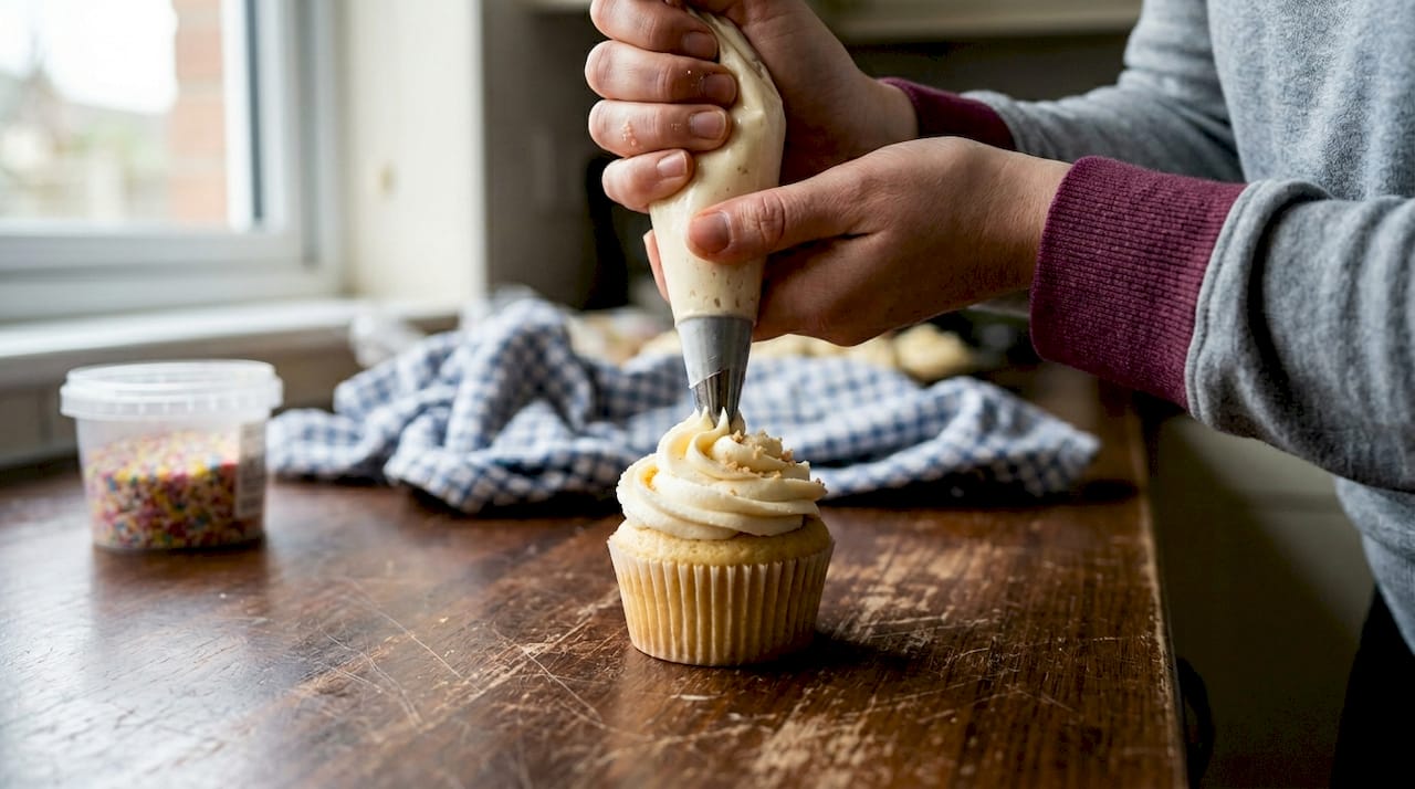 A piping bag fitted with a star tip piping a tall swirl of vanilla buttercream onto a cupcake on a kitchen counter