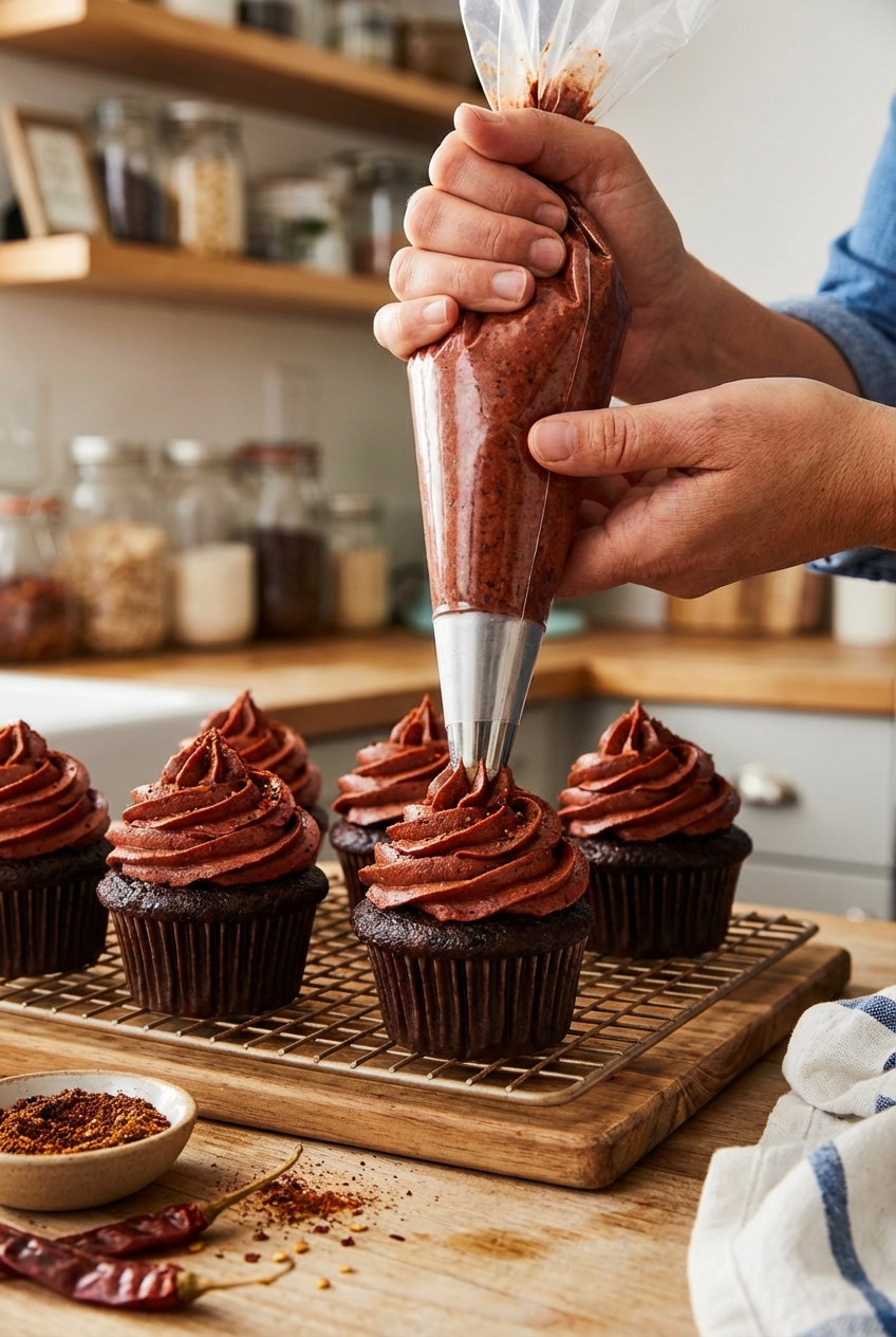 A piping bag frosting chocolate cupcakes with smoky and spicy buttercream