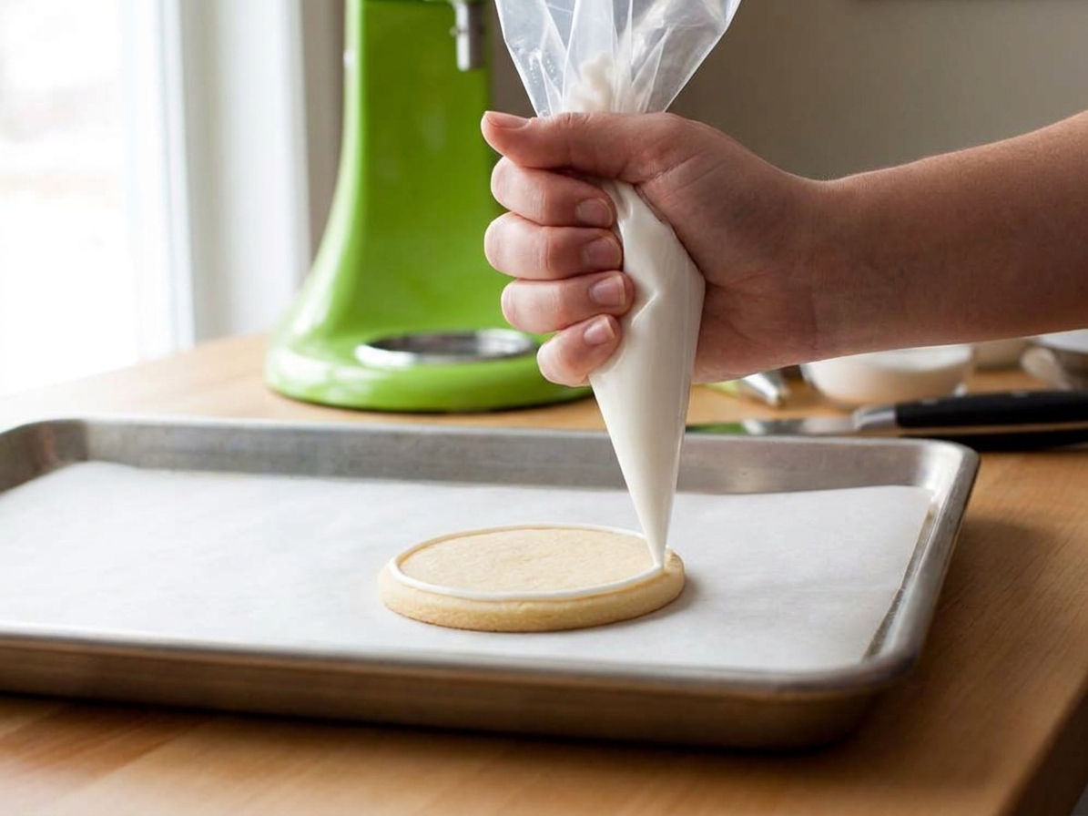 A piping bag held over a cookie as a thin line of royal icing is piped along the edge on a parchment-lined baking sheet