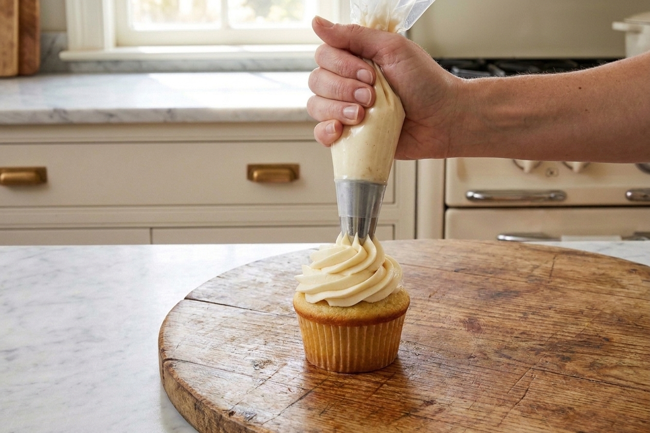 A piping bag piping vanilla buttercream onto a cupcake in a tall swirl