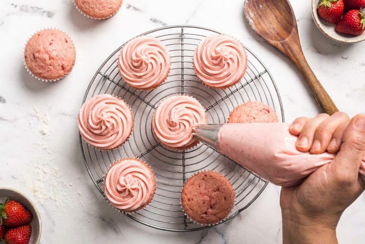 A piping bag swirling pink strawberry buttercream onto cooled strawberry cupcakes on a bright kitchen counter