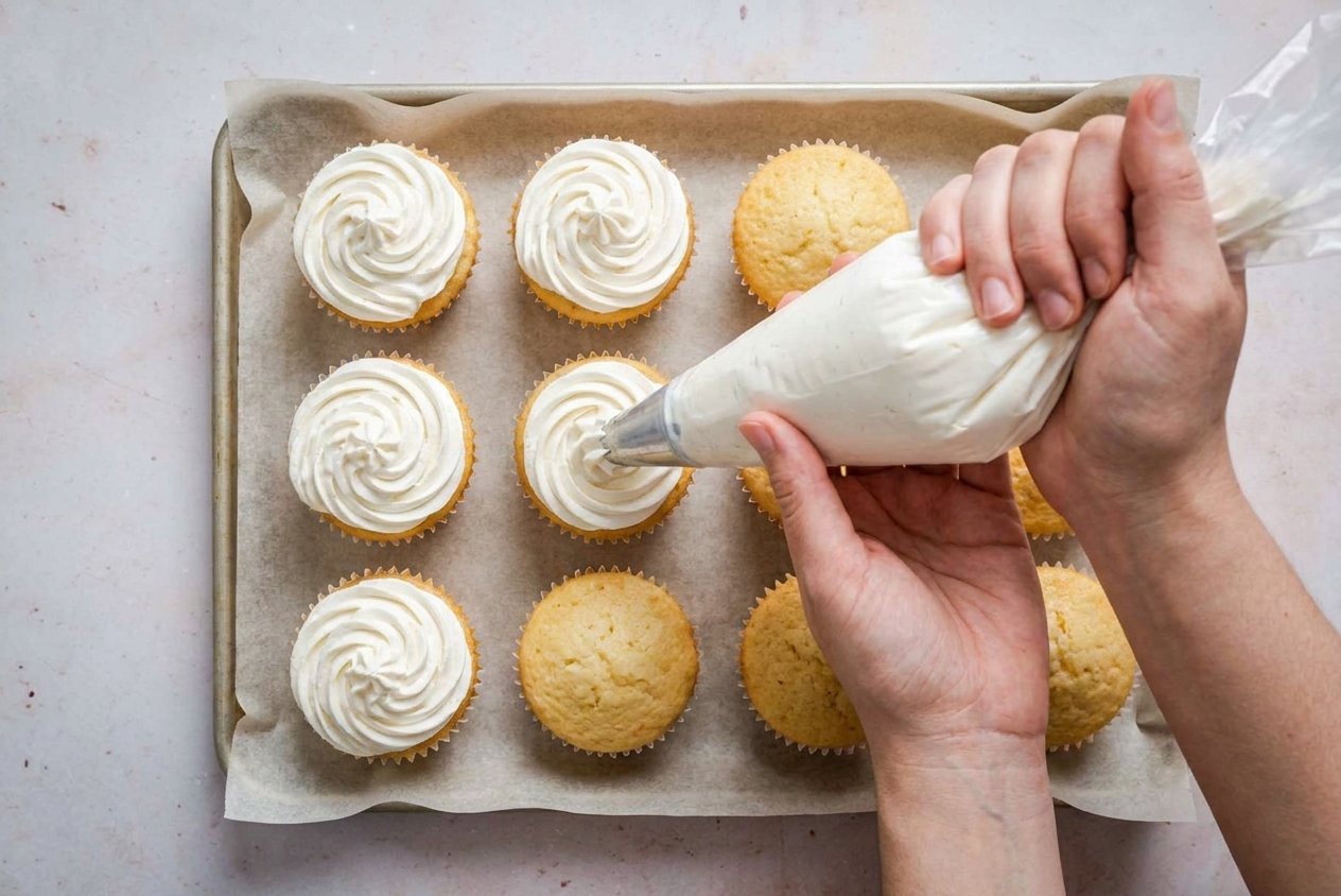 A piping bag swirling stabilized whipped cream frosting onto vanilla cupcakes on a parchment-lined tray