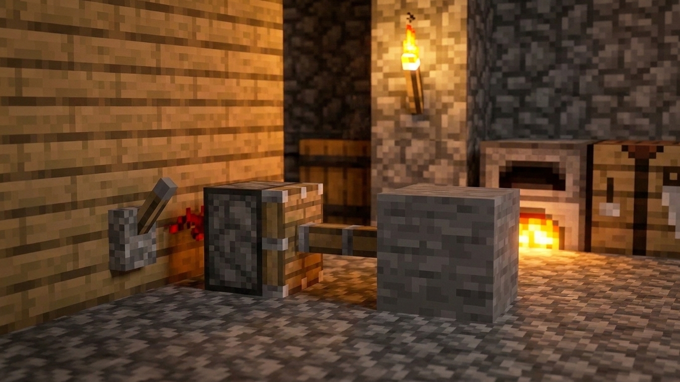 A piston placed on the ground with a lever powering it, pushing a stone block forward in a simple indoor base