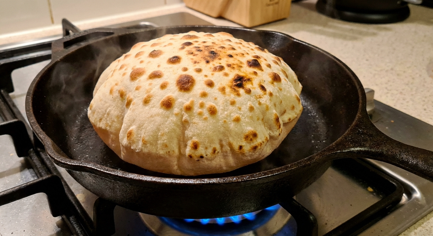 A pita bread puffing up in a hot cast iron skillet with golden brown spots