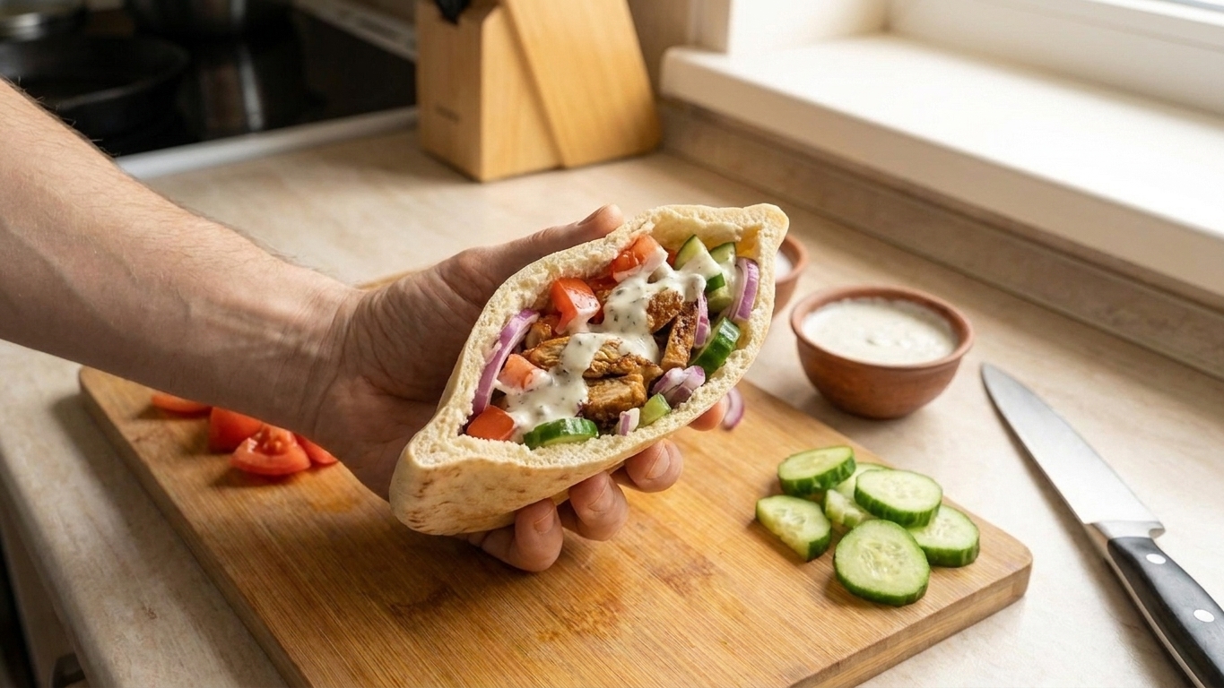 A pita wrap stuffed with sliced shawarma chicken, cucumbers, tomatoes, and a drizzle of garlic yogurt sauce