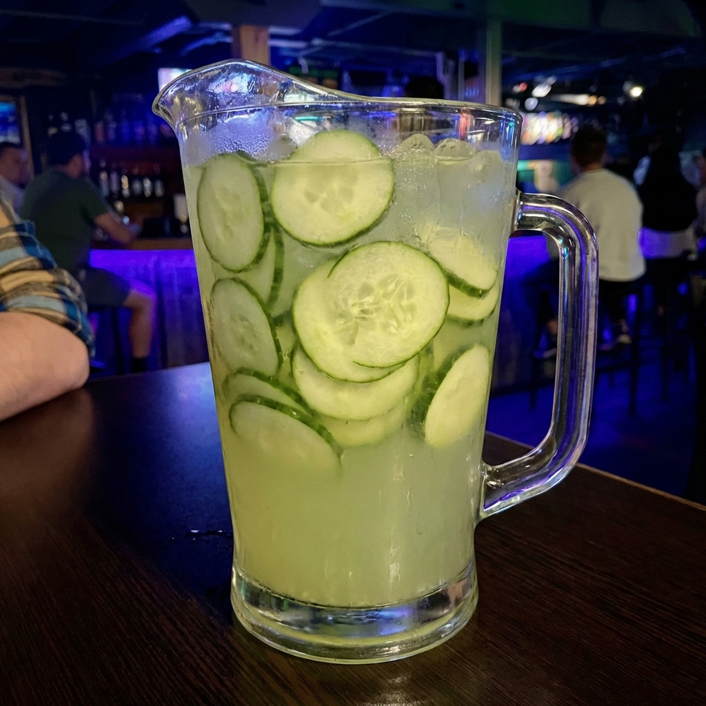 A pitcher of agua fresca with cucumber slices