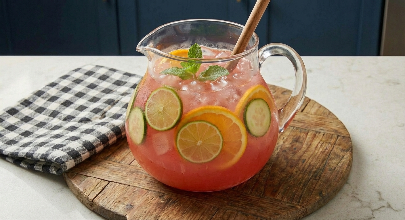 A pitcher of homemade agua fresca with sliced citrus on a kitchen counter