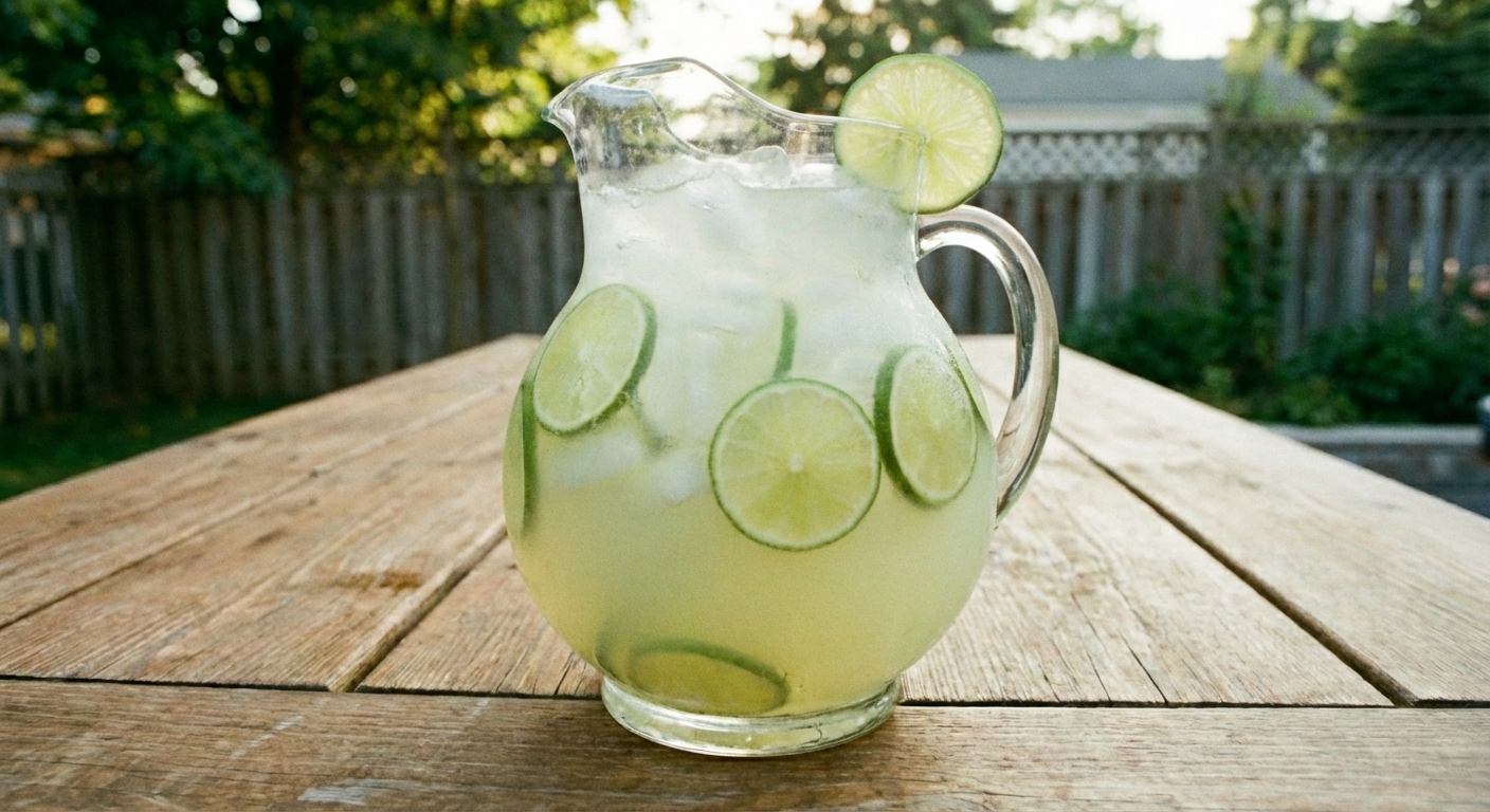 A pitcher of homemade limeade with lime slices on a picnic table