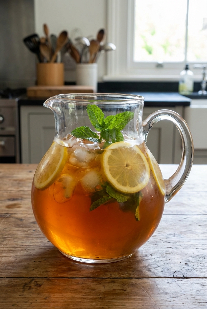 A pitcher of iced tea with lemon slices and mint on a table