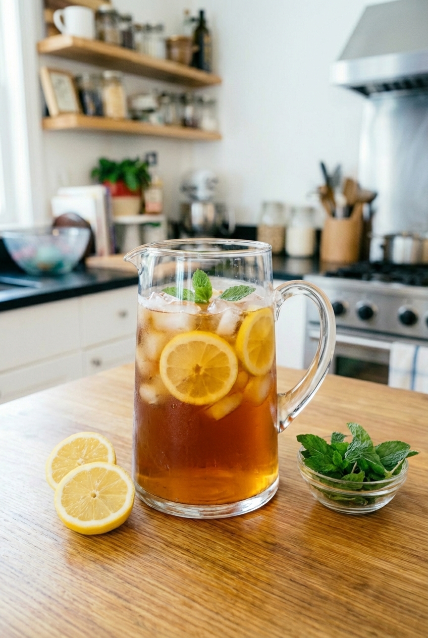 A pitcher of iced tea with lemon slices on a kitchen counter